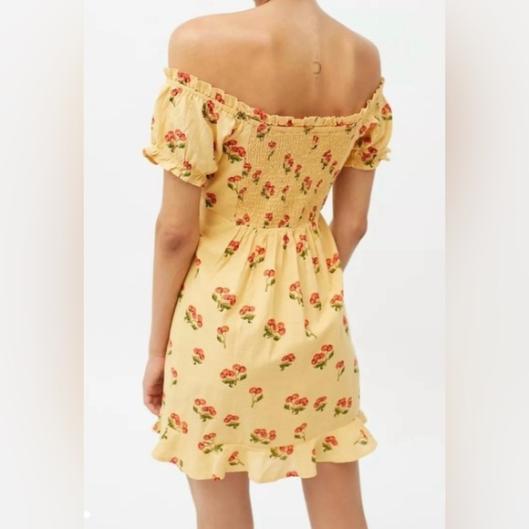 Urban Outfitters Magpie Yellow Cherry Off The Shoulder Cotton Mini Dress - Picture 2 of 12